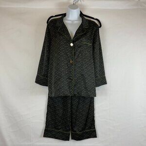 Bed to Brunch Pajama Set XS Black Green Print Tie Elastic Waist  Long Sleeve